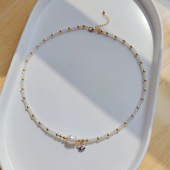Wholesale Women's Natural Freshwater Pearl Handwoven Geometric Small Square Crystal Evil Eye Pendant Clavicle Chain Necklace