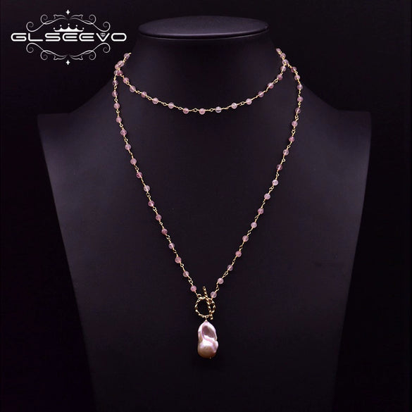 Wholesale Women's Natural Freshwater Pearl Necklace With Baroque Pearl Pendant And Snake Bone Chain Retro Geometric Style Heart Pattern Electroplated