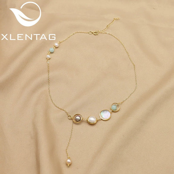 Wholesale Women's Natural Freshwater Pearl Necklace With Crystal Asymmetrical Pendant Geometric Retro Electroplated Jewelry