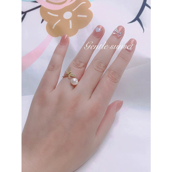Wholesale Women's Natural Freshwater Pearl Ring Copper With 18K Gold Micro Inlay Aaa Zircon Dragonfly Design