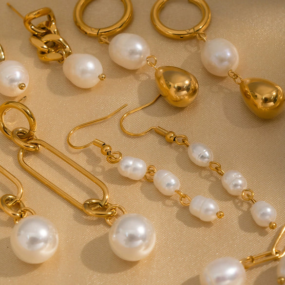 Wholesale Women's Natural Freshwater Pearl Tassel Earrings With Geometric Pattern Pvd Furnace Vacuum Real Gold Plated Stainless Steel Ear Needles Highend Minimalist Accessories