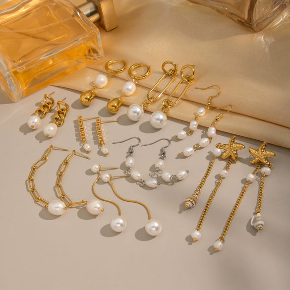 Wholesale Women's Natural Freshwater Pearl Tassel Earrings With Geometric Pattern Pvd Furnace Vacuum Real Gold Plated Stainless Steel Ear Needles Highend Minimalist Accessories
