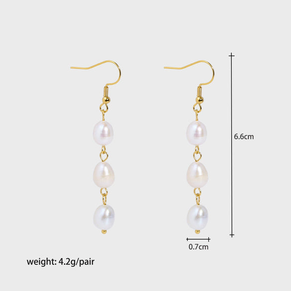 Wholesale Women's Natural Freshwater Pearl Tassel Earrings With Geometric Pattern Pvd Furnace Vacuum Real Gold Plated Stainless Steel Ear Needles Highend Minimalist Accessories