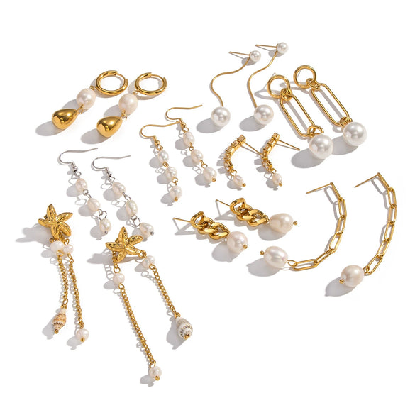 Wholesale Women's Natural Freshwater Pearl Tassel Earrings With Geometric Pattern Pvd Furnace Vacuum Real Gold Plated Stainless Steel Ear Needles Highend Minimalist Accessories