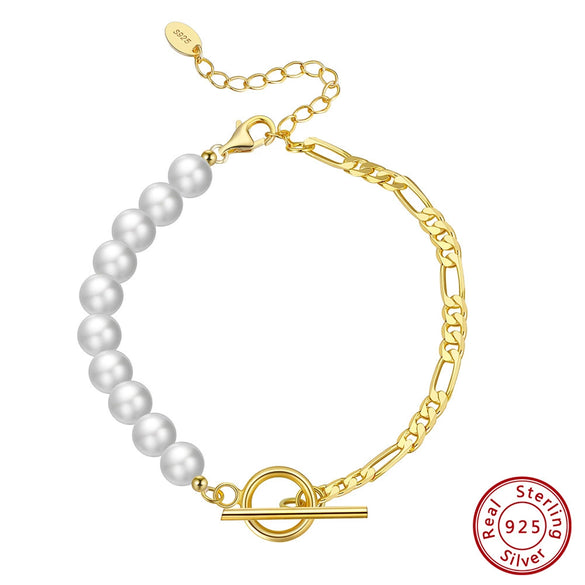 Wholesale Women's Natural Geometric S925 Sterling Silver Pearl Bracelet With Electroplating