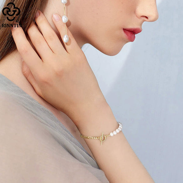 Wholesale Women's Natural Geometric S925 Sterling Silver Pearl Bracelet With Electroplating