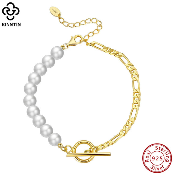 Wholesale Women's Natural Geometric S925 Sterling Silver Pearl Bracelet With Electroplating
