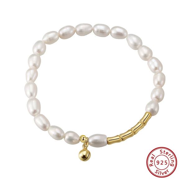 Wholesale Women's Natural Geometric 925 Sterling Silver Baroque Pearl Small Bell Bracelet With Electroplating