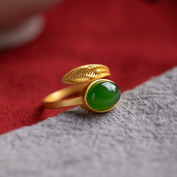 Wholesale Women's Natural Jasper Feather Open Ring Sterling Silver Gold Plated Retro Style