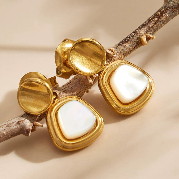 Wholesale Women's Natural Motherofpearl Geometric Square Pendant Earrings Stainless Steel Thick Gold Plated Simple Retro Niche Style
