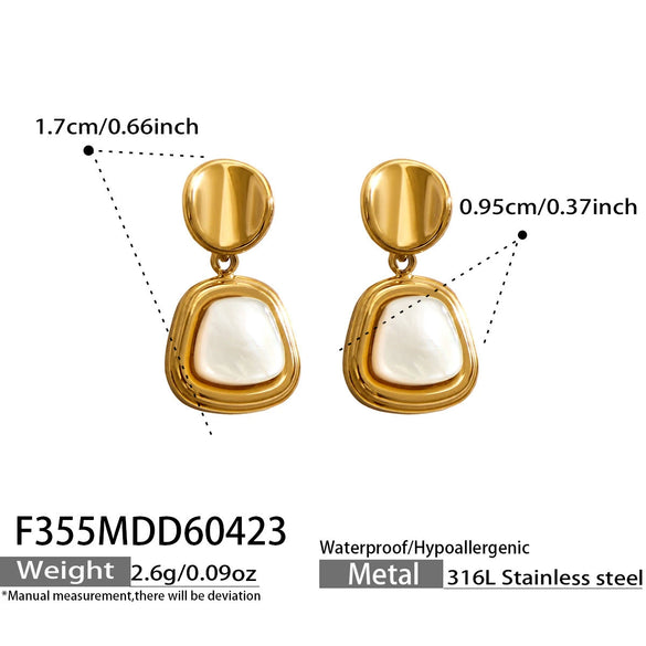 Wholesale Women's Natural Motherofpearl Geometric Square Pendant Earrings Stainless Steel Thick Gold Plated Simple Retro Niche Style
