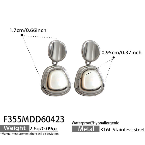 Wholesale Women's Natural Motherofpearl Geometric Square Pendant Earrings Stainless Steel Thick Gold Plated Simple Retro Niche Style