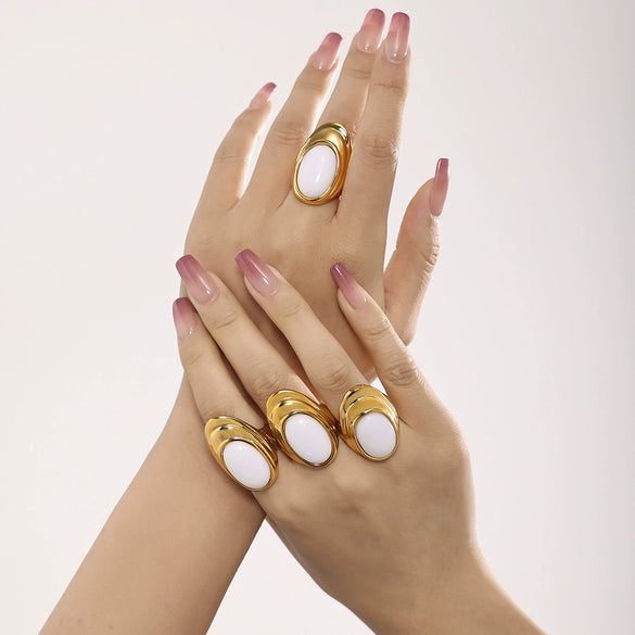 Wholesale Women's Natural Opal And Stainless Steel Ring Earrings With Water Ripple Design Pvd Plated In 18K True Gold
