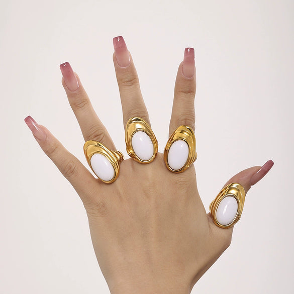 Wholesale Women's Natural Opal And Stainless Steel Ring Earrings With Water Ripple Design Pvd Plated In 18K True Gold
