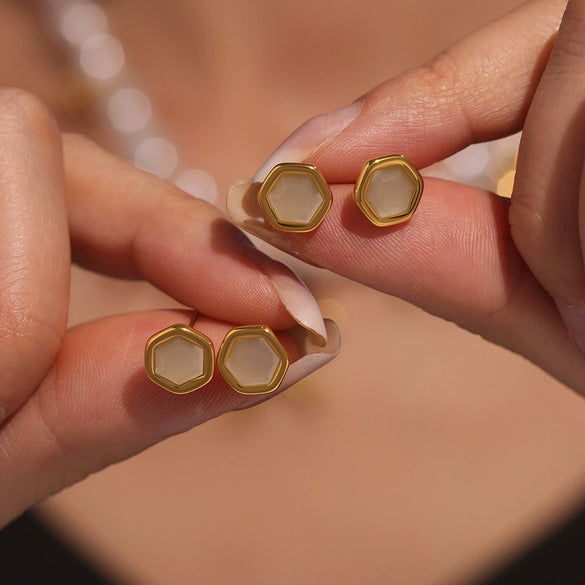 Wholesale Women's Natural Opal Faceted Geometric Hexagonal 316L Stainless Steel 18K Gold Plated Earrings