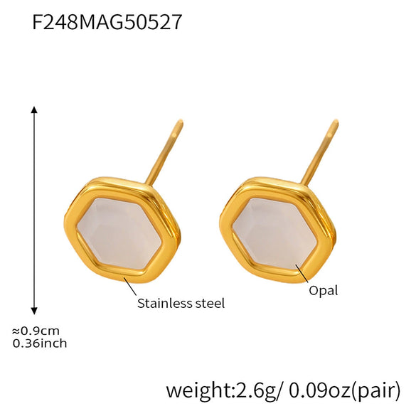 Wholesale Women's Natural Opal Faceted Geometric Hexagonal 316L Stainless Steel 18K Gold Plated Earrings