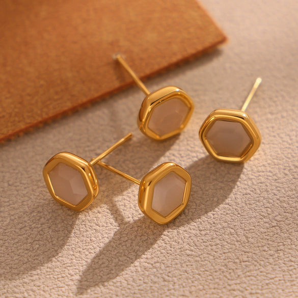 Wholesale Women's Natural Opal Faceted Geometric Hexagonal 316L Stainless Steel 18K Gold Plated Earrings