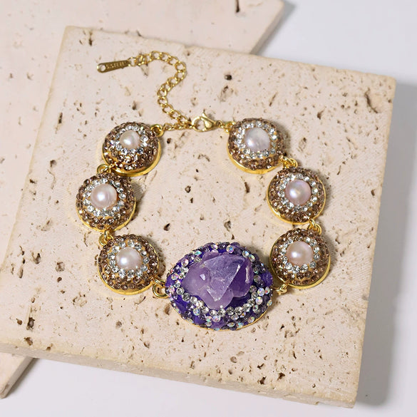 Wholesale Women's Natural Pearl And Amethyst Elegant Palace Style Bracelet Set With 18K Gold Electroplated Jewelry
