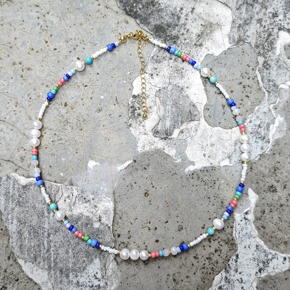 Wholesale Women's Natural Pearl And Organic Glass Geometric Beaded Clavicle Chain Hand Knitted In Ins Style