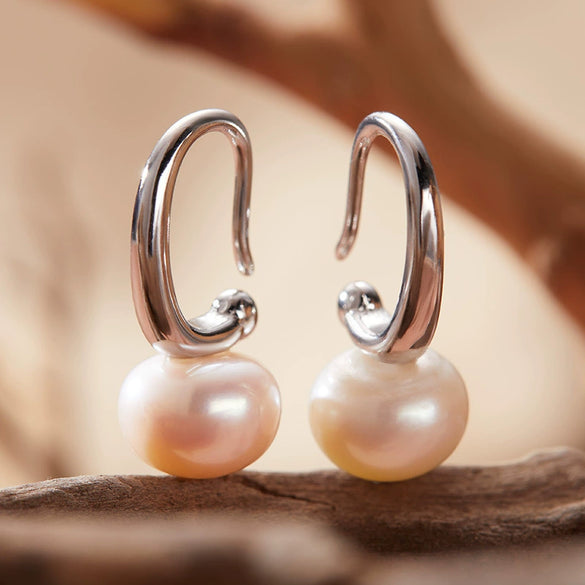 Wholesale Women's Natural Pearl Earrings S925 Sterling Silver Inlaid Geometric Style