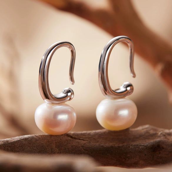 Wholesale Women's Natural Pearl Earrings S925 Sterling Silver Inlaid Geometric Style