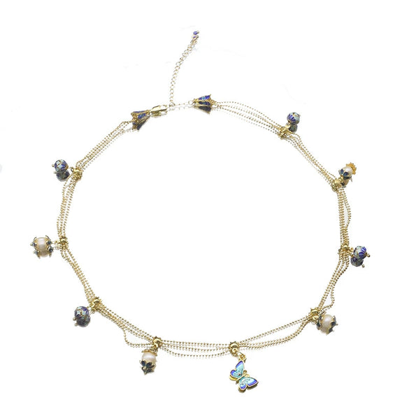 Wholesale Women's Natural Pearl Necklace With Cloisonne Lace Tassel Butterfly Pendant Retro Geometric Electroplated Jewelry