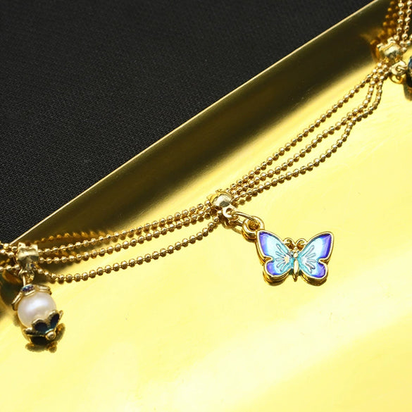 Wholesale Women's Natural Pearl Necklace With Cloisonne Lace Tassel Butterfly Pendant Retro Geometric Electroplated Jewelry