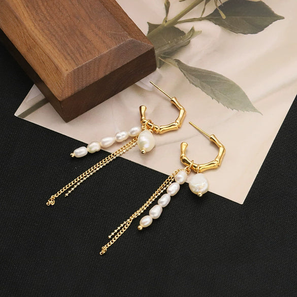 Wholesale Women's Natural Pearl Retro Tassel Earrings With Geometric Design And Real Gold Electroplating