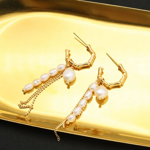 Wholesale Women's Natural Pearl Retro Tassel Earrings With Geometric Design And Real Gold Electroplating