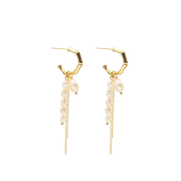 Wholesale Women's Natural Pearl Retro Tassel Earrings With Geometric Design And Real Gold Electroplating
