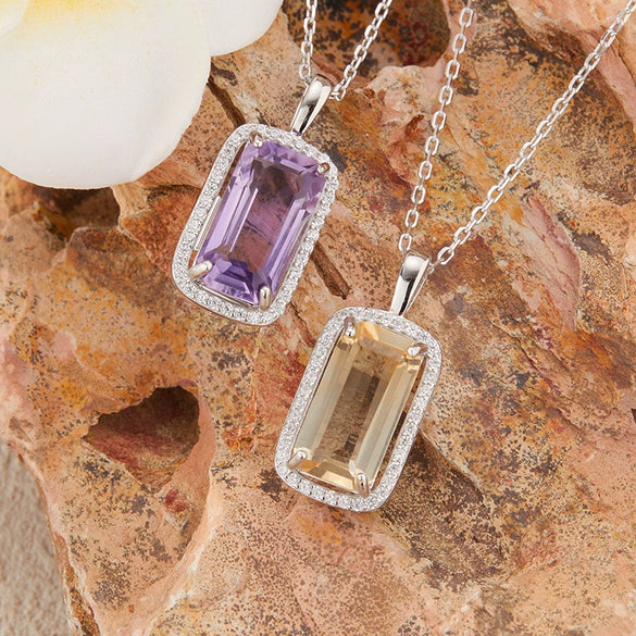 Wholesale Women's Natural Rectangular Amethyst Citrine Pendant Necklace In S925 Sterling Silver With Geometric Pattern And Crystal Setting