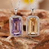 Wholesale Women's Natural Rectangular Amethyst Citrine Pendant Necklace In S925 Sterling Silver With Geometric Pattern And Crystal Setting