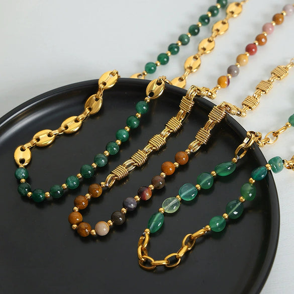 Wholesale Women's Natural Stone Agate Pig Nose Titanium Steel Necklace With O Shaped Chain Knot Braided Chain And Electroplated Geometric Design