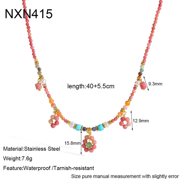 Wholesale Women's Natural Stone And Stainless Steel Flowershaped Pendant Beaded Necklace With Pvd Furnace Vacuum Real Gold Plating
