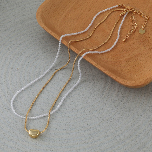 Wholesale Women's Natural Stone Beaded Stainless Steel Zircon Necklace Small Fresh Geometric Handmade Design