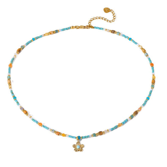 Wholesale Women's Natural Stone Necklace With Geometric Flower Pendant In Stainless Steel 18K Gold Plated Handmade Beaded Chain