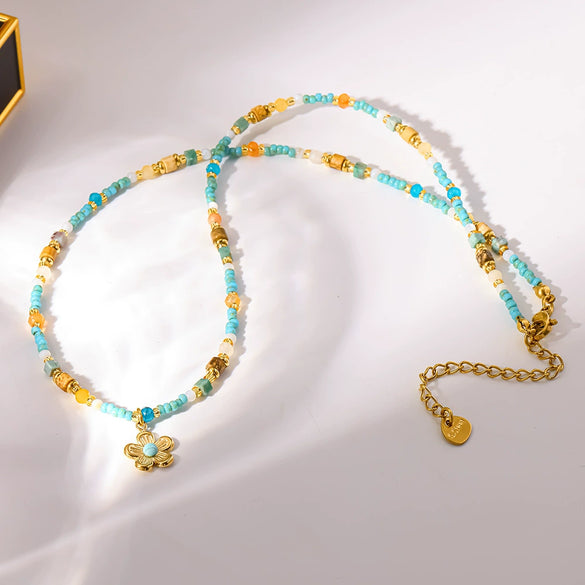 Wholesale Women's Natural Stone Necklace With Geometric Flower Pendant In Stainless Steel 18K Gold Plated Handmade Beaded Chain