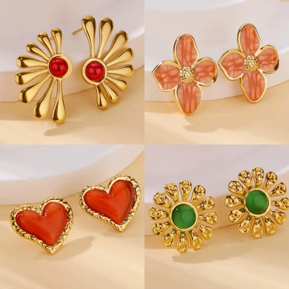 Wholesale Women's Natural Stone Stainless Steel Light Luxury Style Heart Shaped Electroplated Earrings