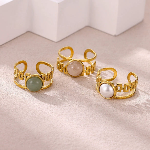 Wholesale Women's Natural Stone Stainless Steel Titanium Steel Hollow Geometric Light Luxury Style Inlaid With Gold Ring