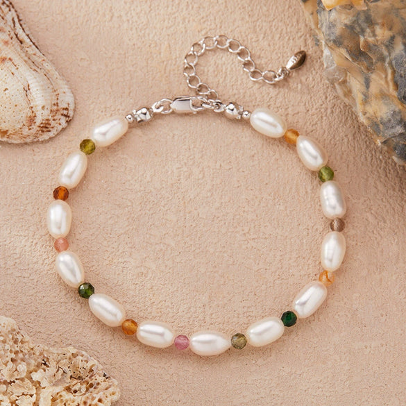 Wholesale Women's Natural Tourmaline Freshwater Pearl S925 Sterling Silver Handmade Beaded Necklace