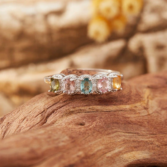 Wholesale Women's Natural Tourmaline Ring S925 Sterling Silver Geometric Style Set With Gemstones