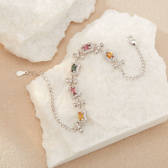 Wholesale Women's Natural Tourmaline S925 Sterling Silver Bracelet With Flower And Bow Patterns Set With Gemstones