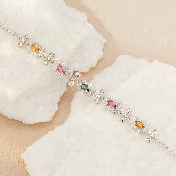 Wholesale Women's Natural Tourmaline S925 Sterling Silver Bracelet With Flower And Bow Patterns Set With Gemstones