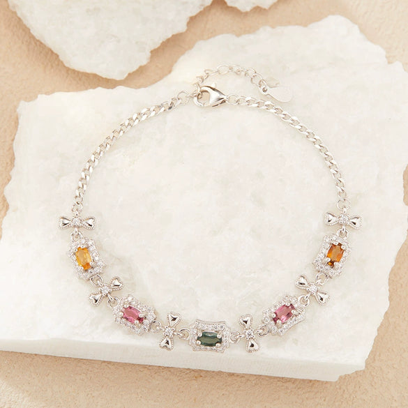 Wholesale Women's Natural Tourmaline S925 Sterling Silver Bracelet With Flower And Bow Patterns Set With Gemstones