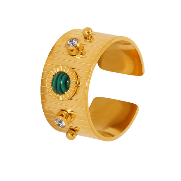 Wholesale Women's Natural Turquoise Long Stripe Geometric Zircon Opening Adjustable Stainless Steel Ring With Electroplating