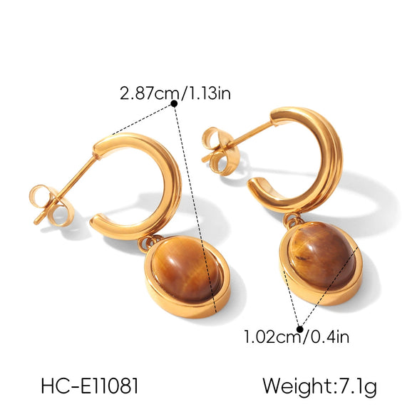 Wholesale Women's Natural Vintage Tiger Eye Stainless Steel Geometric Electroplated Hammered Earrings