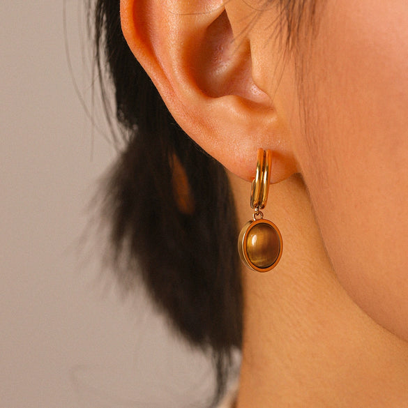 Wholesale Women's Natural Vintage Tiger Eye Stainless Steel Geometric Electroplated Hammered Earrings