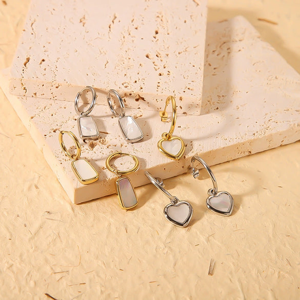 Wholesale Women's Natural White Shell Geometric Heart Shaped Pendant Earrings In Ins Style Made Of Stainless Steel With 18K Vacuum Plating In Furnace