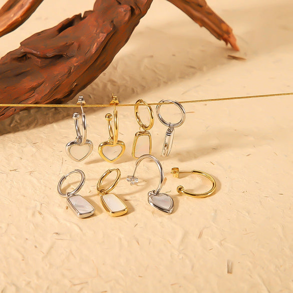Wholesale Women's Natural White Shell Geometric Heart Shaped Pendant Earrings In Ins Style Made Of Stainless Steel With 18K Vacuum Plating In Furnace