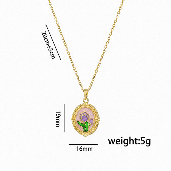 Wholesale Women's Necklace Brass Gold Plated Oil Painting Style Colorful Drops Glaze Enamel Purple Tulip Flower Shape Titanium Steel Dripping Oil